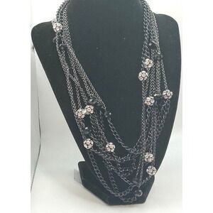 Multi Layer Black Chain 40" Necklace Rhinestone Crystal Ball Charms Statement‎
